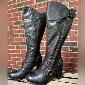Born Crown Women's Sz 9 Side Zip Comfort Belted Black Leather Boots EUC $295